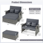 Patio Wicker Loveseat Sofa with Multipurpose Ottoman and Retractable Side Tray