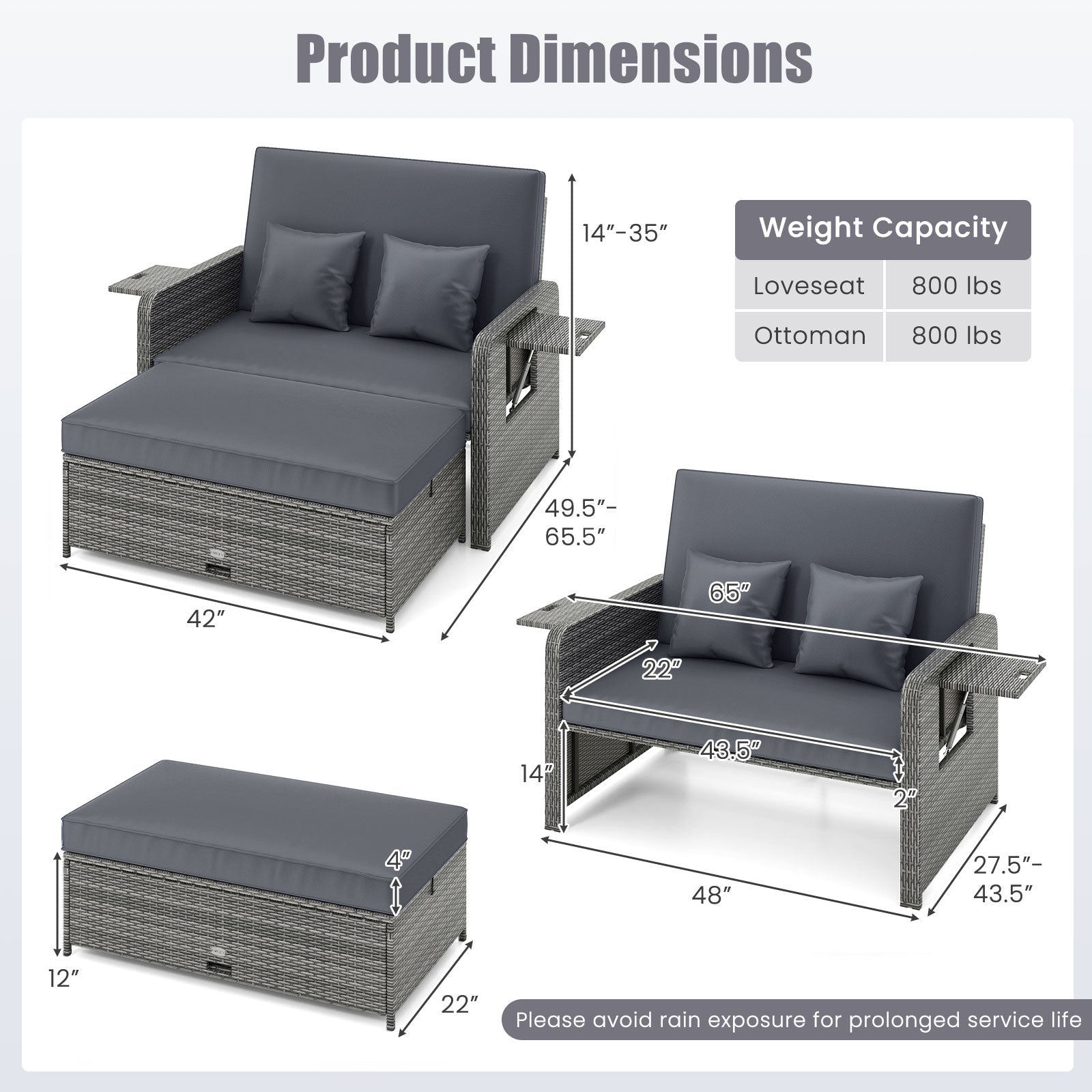 Patio Wicker Loveseat Sofa with Multipurpose Ottoman and Retractable Side Tray