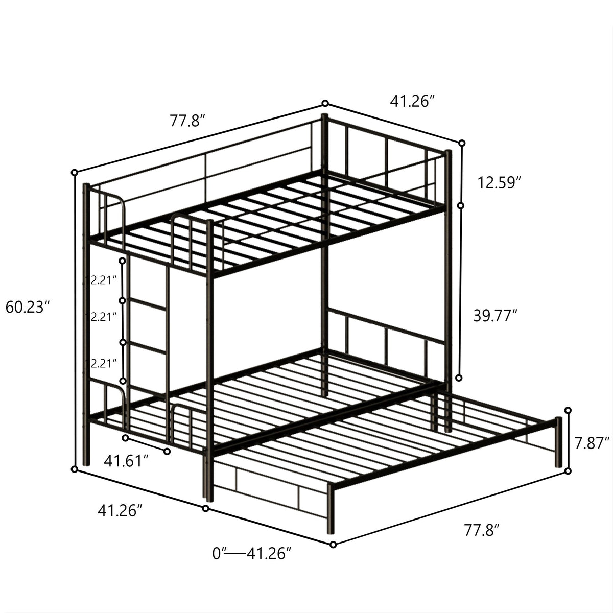 Twin Size Metal Pull-Out Bunk Bed with Guardrail and Built-In Ladder
