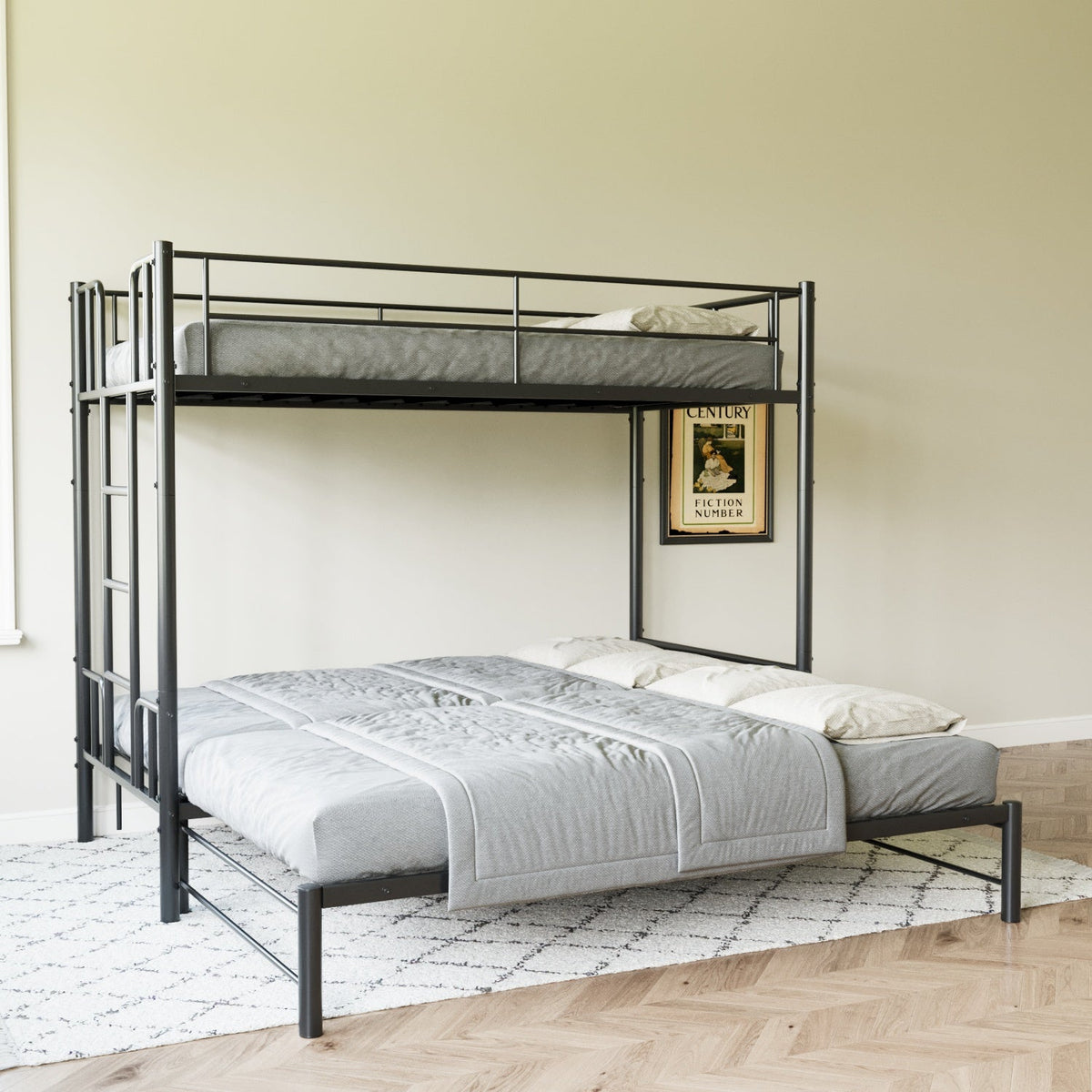 Twin Size Metal Pull-Out Bunk Bed with Guardrail and Built-In Ladder