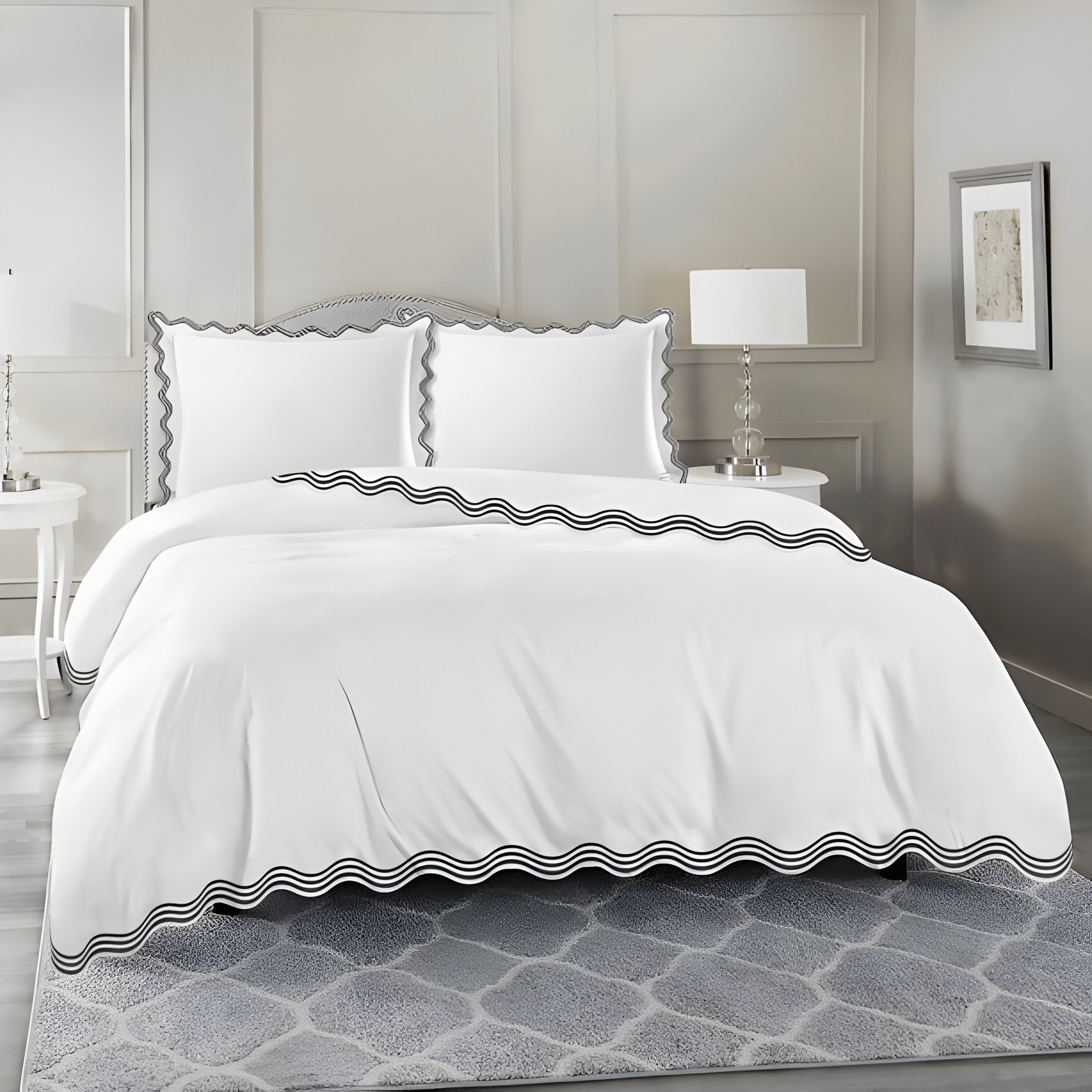 400TC Cotton Sateen Triple Scallop Embroidery Duvet Cover Set