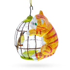 Curious Cat and Caged Bird Glass Christmas Ornament