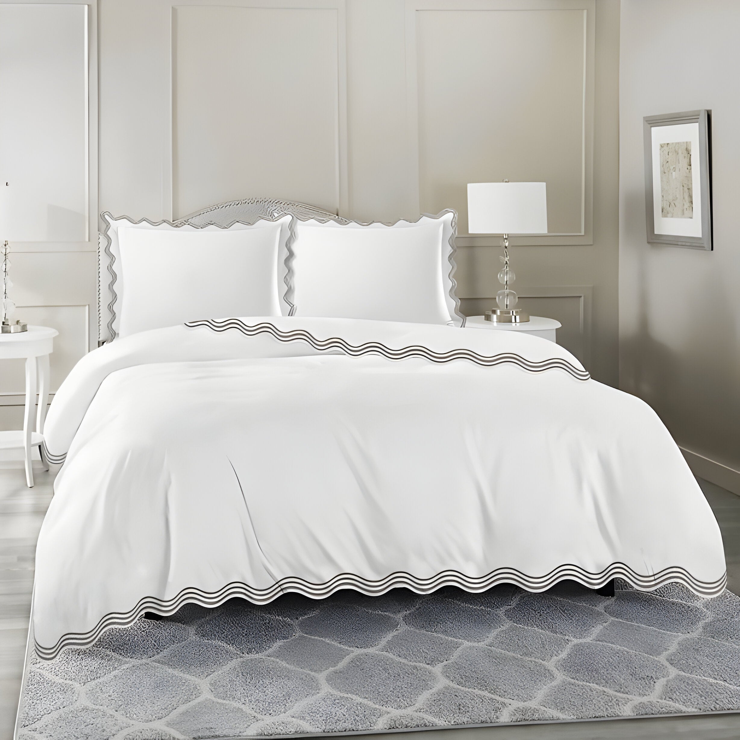 400TC Cotton Sateen Triple Scallop Embroidery Duvet Cover Set