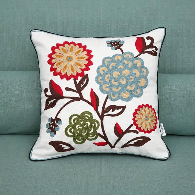 Ethnic Floral Embroidered Pillow Cover Vintage Style Cushion Cover Handmade Cavans Pillow Cases For Sofa Couch Chair Handmade Cotton Cover for Throw Pillows with Beautiful Modern Floral Patterns and Invisible Zipper 45x45cm