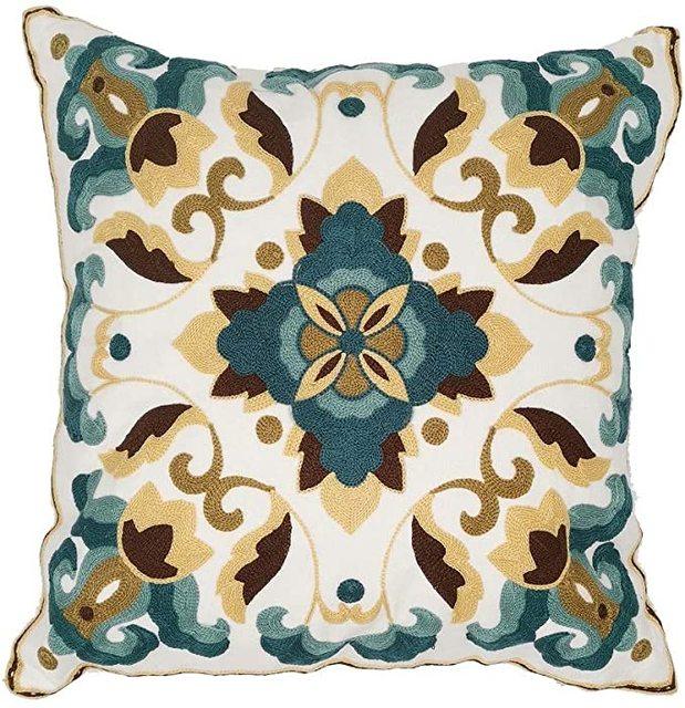 Ethnic Floral Embroidered Pillow Cover Vintage Style Cushion Cover Handmade Cavans Pillow Cases For Sofa Couch Chair Handmade Cotton Cover for Throw Pillows with Beautiful Modern Floral Patterns and Invisible Zipper 45x45cm
