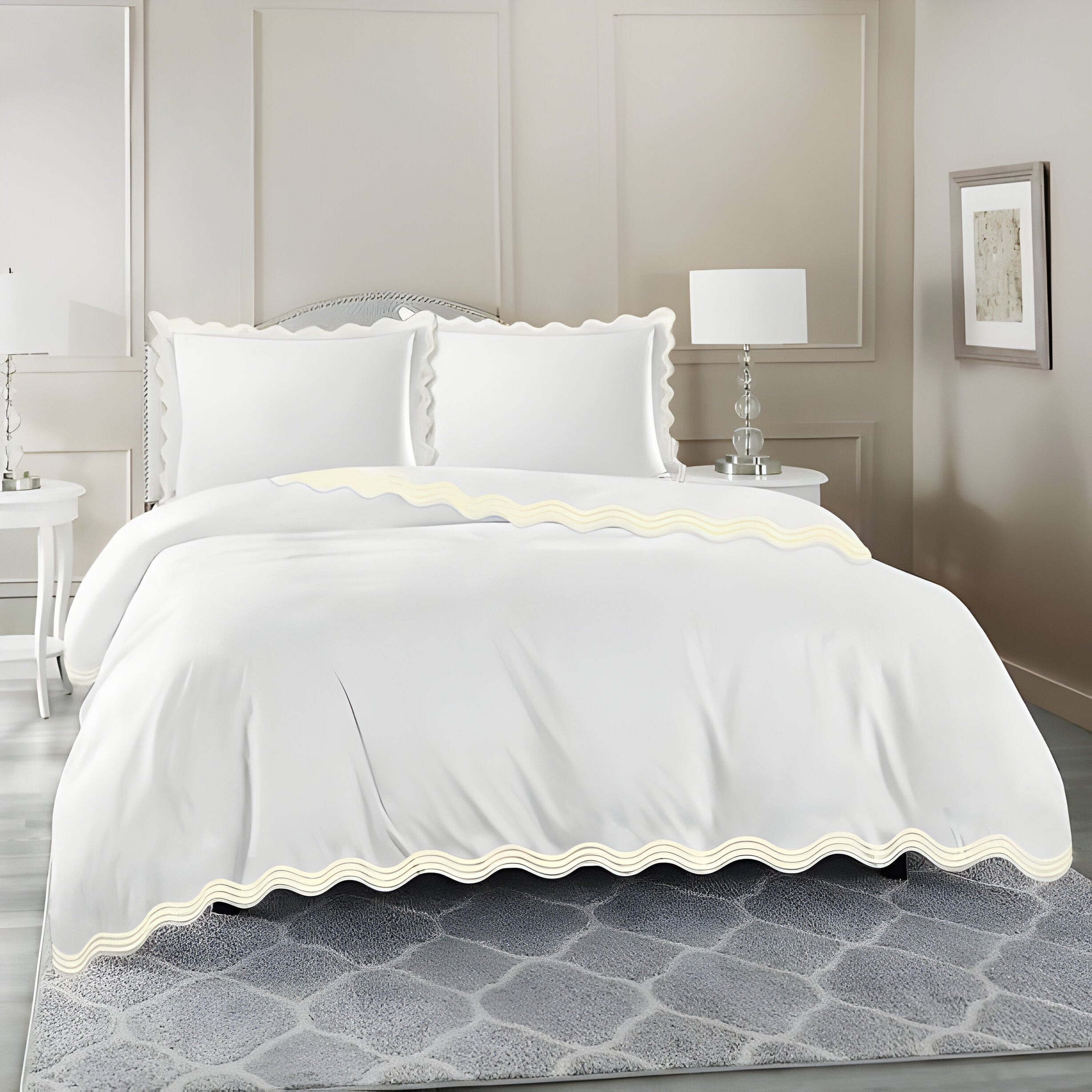 400TC Cotton Sateen Triple Scallop Embroidery Duvet Cover Set