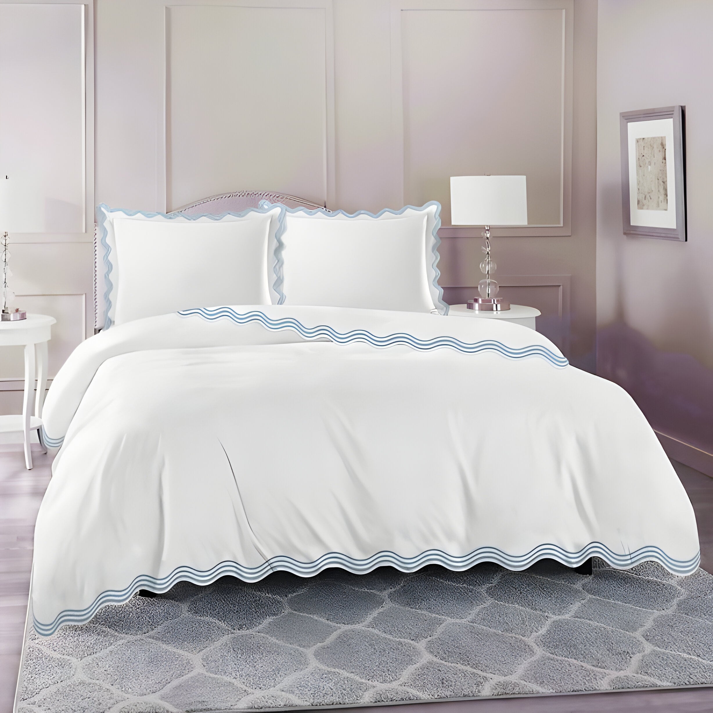 400TC Cotton Sateen Triple Scallop Embroidery Duvet Cover Set